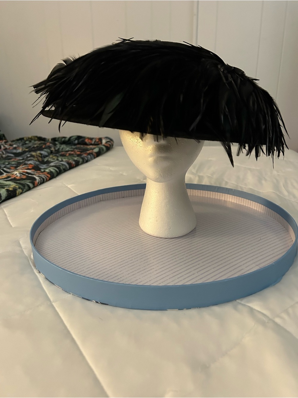 Vintage Felted Wool and Feather Adorned Black Hat